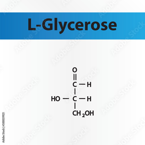 Straight chain form chemical structure of L-Glycerose sugar. Scientific vector illustration on white and blue background.