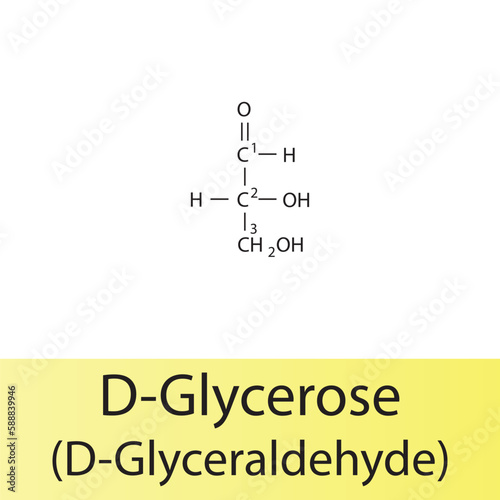 Straight chain form chemical structure of D-Glycerose sugar. Scientific vector illustration on white and yellow background, carbon numbering.