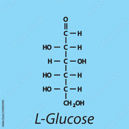 Straight chain form chemical structure of L-Glucose sugar. Scientific vector illustration on blue background.