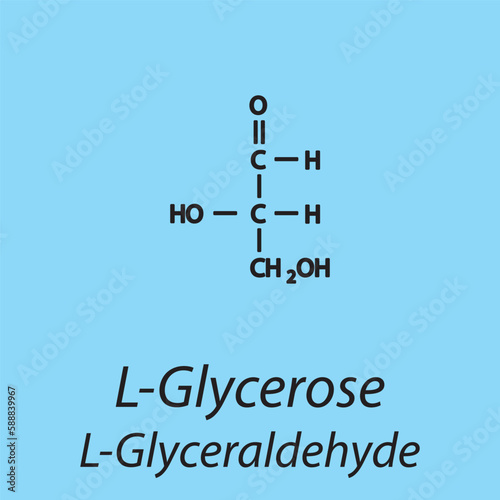 Straight chain form chemical structure of L-Glycerose sugar. Scientific vector illustration on blue background.