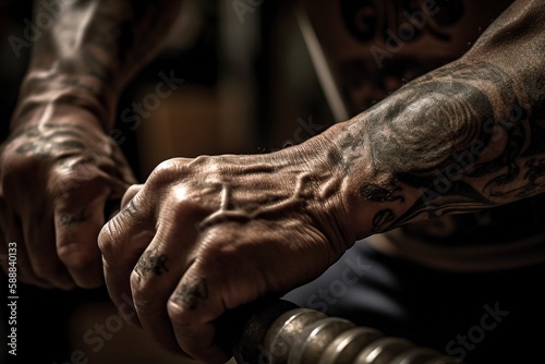 Tattooed Hands Holding Kettlebell Weights: Fitness and Strength Training, Generative AI © Digital Dreamscape