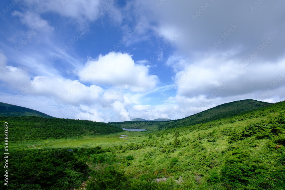 sky is in the valley and grass surrounded by clouds, a green valley with blue skies and green grass sky is in the valley and grass surrounded by clouds, a green valley with blue skies and green grass