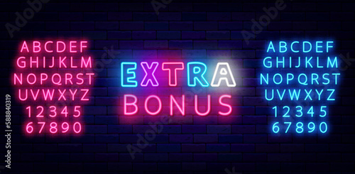 Extra bonus neon label. Colorful sign on brick wall. Casino and lottery label. Vector stock illustration