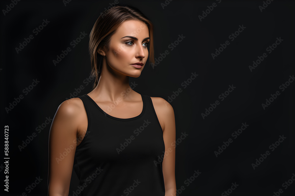 Generative AI. Blank Black Tank top Mock up on Female Model: Showcase Your Designs in Style Generative AI. Blank Black Tank top Mock up on Female Model: Showcase Your Designs in Style