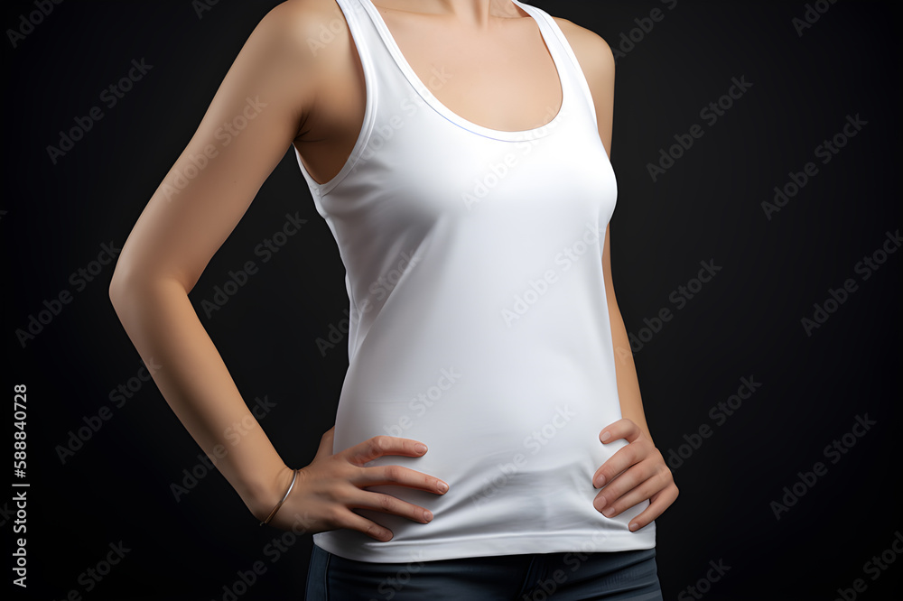 Generative AI. Blank white Tank top Mock up on Female Model: Showcase Your Designs in Style Generative AI. Blank white Tank top Mock up on Female Model: Showcase Your Designs in Style
