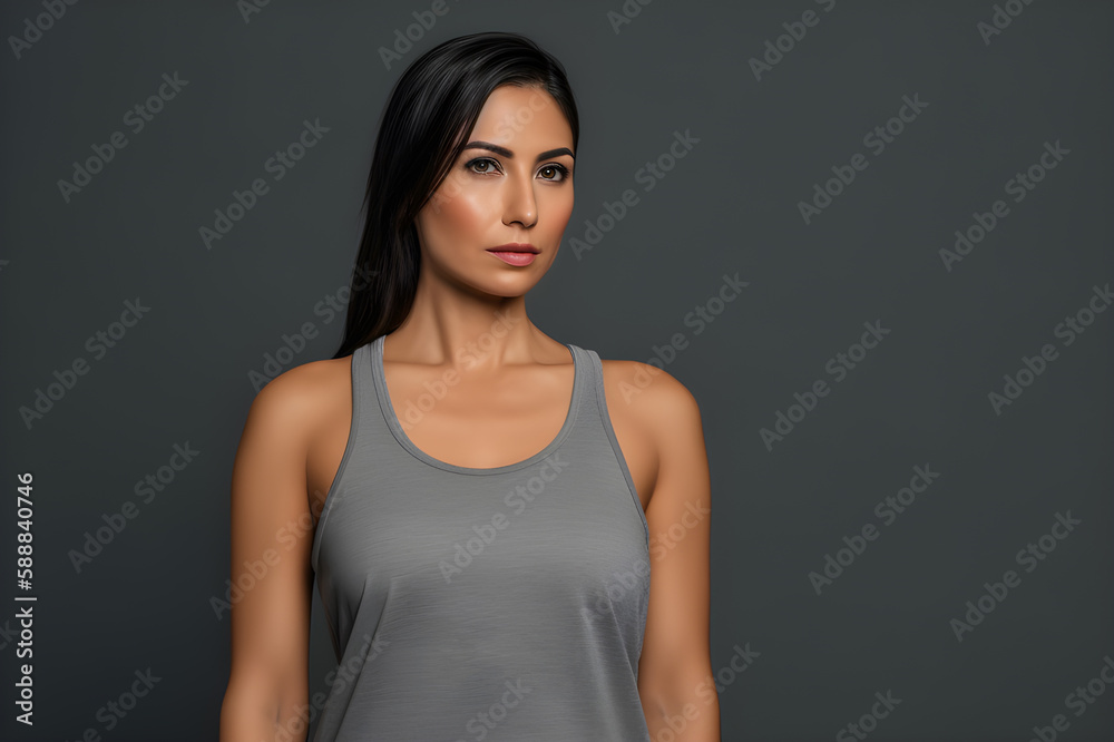 Generative AI. Blank Grey Tank top Mock up on Female Model: Showcase Your Designs in Style Generative AI. Blank Grey Tank top Mock up on Female Model: Showcase Your Designs in Style