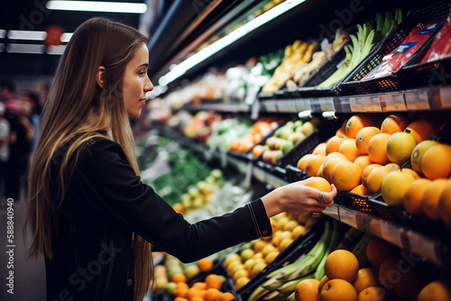 woman buying fruits at supermarket. Generative Ai