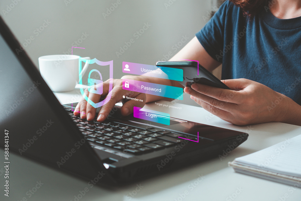 Fototapeta premium Businesswomen are protecting personal data on laptop and virtual interfaces. Cyber security and privacy concepts to protect data. multi-factor verification and internet network security technology.