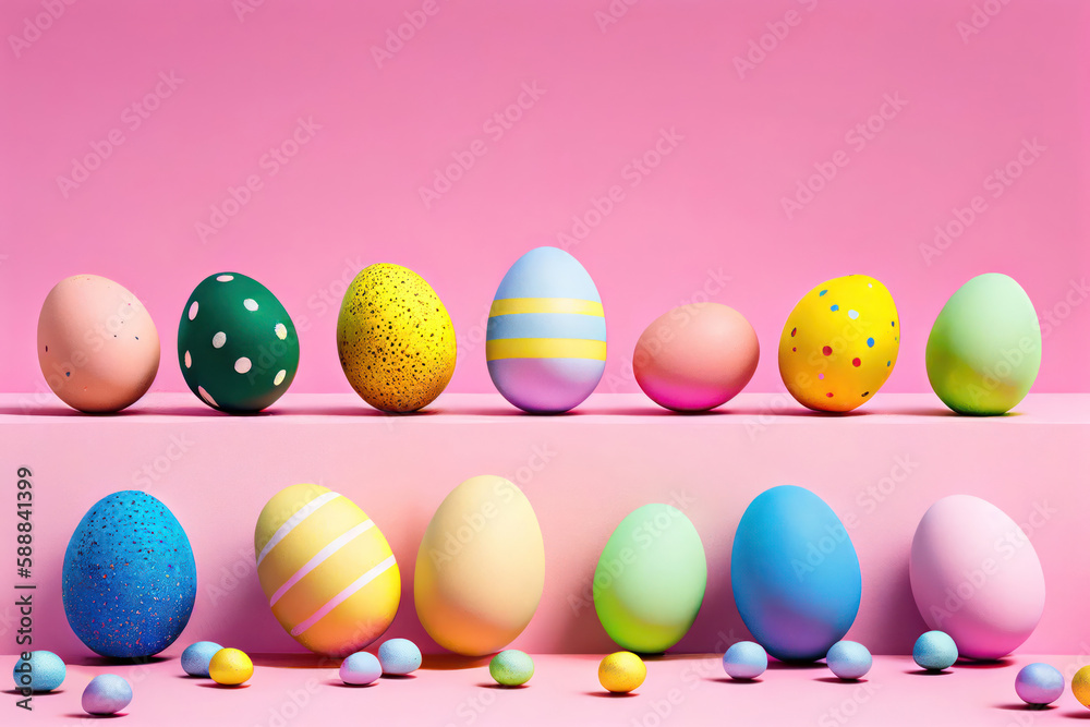 Two rows of colorful Easter eggs with pattern on a pink backdrop. Easter wallpaper. Generative AI Two rows of colorful Easter eggs with pattern on a pink backdrop. Easter wallpaper. Generative AI