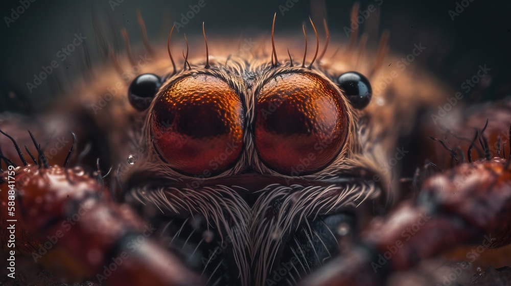 a close up of a spider's eyes and body with long legs and large, red ...