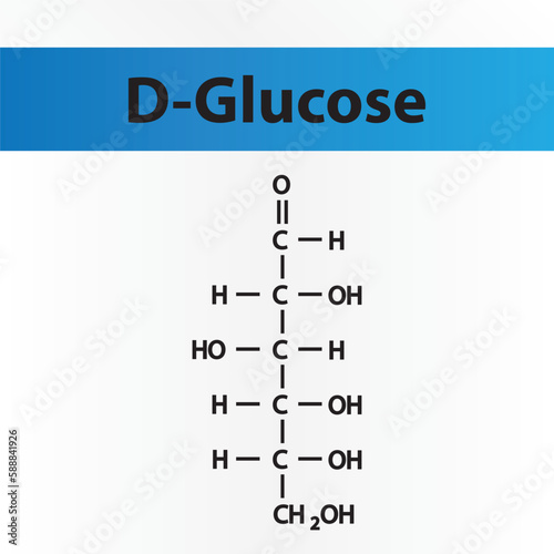 Straight chain form chemical structure of D-Glucose sugar. Scientific vector illustration on white and blue background.