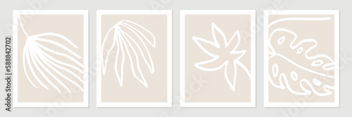Set of abstract tropical organic shapes, leaves, lines and textures in white on neutral nude and beige background.