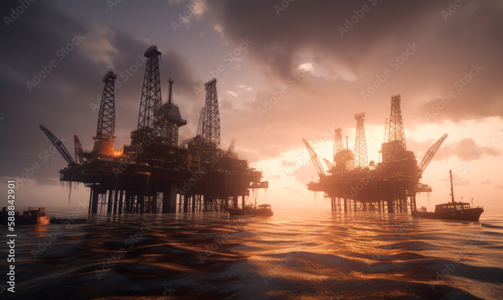Two dark silhouettes of big oil rigs platforms on the water. Boats floating nearby the stations. Sunset backdrop. Generative AI.
