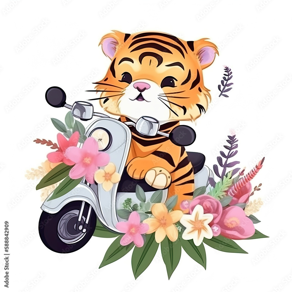 Tiger on motoroller with bunch of flowers, cartoon chibi style, AI generative illustration Tiger on motoroller with bunch of flowers, cartoon chibi style, AI generative illustration