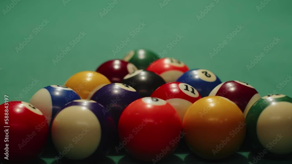 Close-up of a billiard balls triangle starting position shot before the break. Pool balls with numbers organized in form of pyramid on a green cloth table Close-up of a billiard balls triangle starting position shot before the break. Pool balls with numbers organized in form of pyramid on a green cloth table