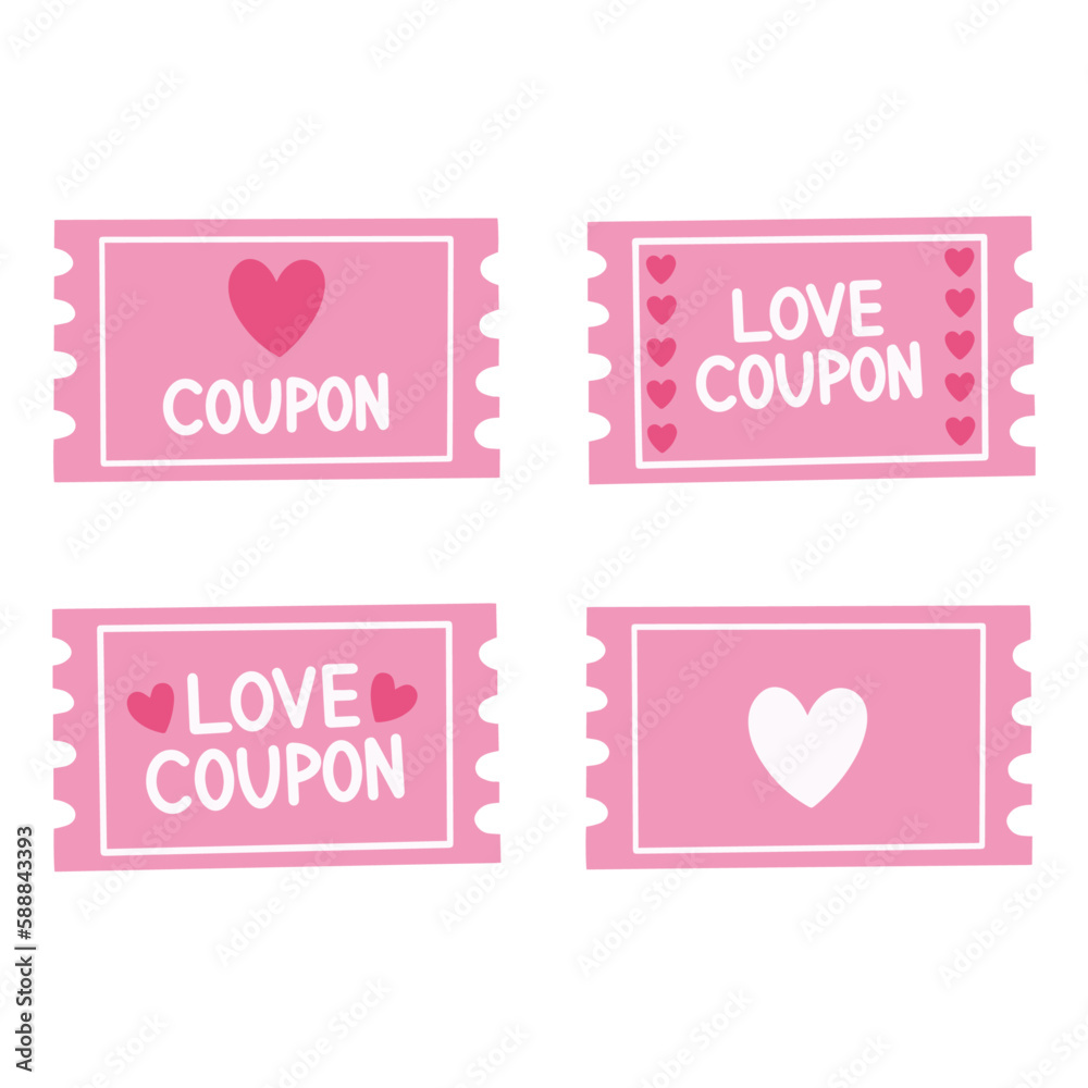 Set of pink love coupons. Coupons on the theme of love. Isolated illustration of love coupons.