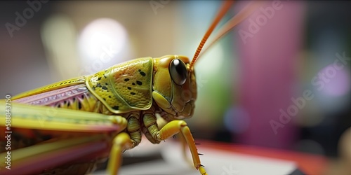 Closeup of a colorful locust, grasshopper, focus on head and compound eyes, Generative AI