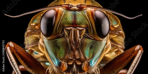 Closeup of a colorful locust, grasshopper, focus on head and compound eyes, Generative AI