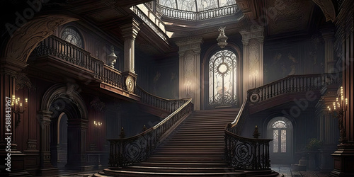 Abandoned mansion with grand staircases and chandeliers. Generative AI