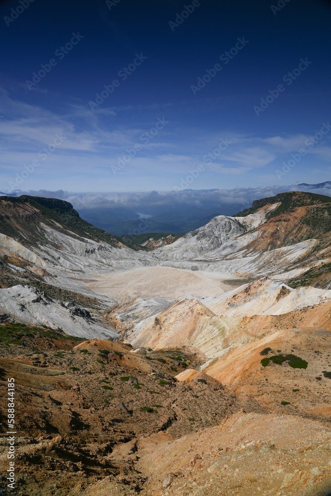 A white valley with a blue sky in the background, a large valley with various colors and dirt
