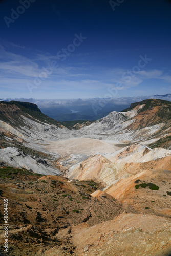 A white valley with a blue sky in the background, a large valley with various colors and dirt 