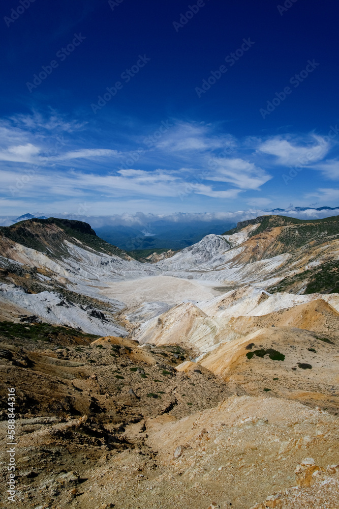 A white valley with a blue sky in the background, a large valley with various colors and dirt

