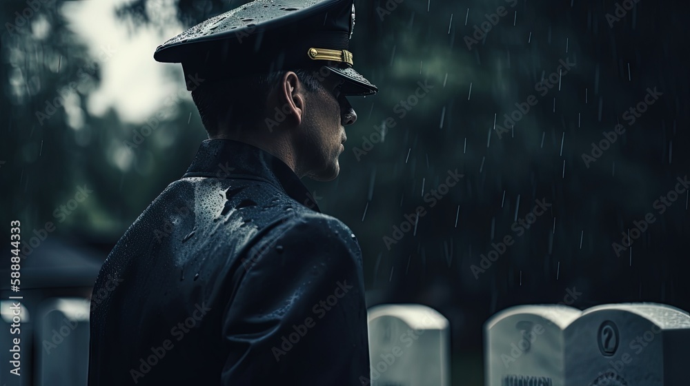 Military Officer on Fallen Soldier's Grave in Service Dress Blue Uniforms on a Rainy Day. The concept for American Veterans Day, Memorial Day, and Independence Day. Generative AI.