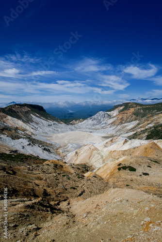 A white valley with a blue sky in the background, a large valley with various colors and dirt 