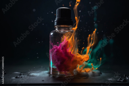 Bottle with Liquid Illustration. Vaping. Vape Liquid with Taste. Multicolor Liquid. Creative Colorful Background. Created by Generative AI