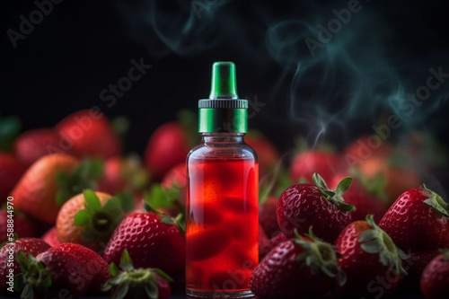 Bottle with Liquid Illustration. Vaping. Vape Liquid with Taste. Blueberry Fruits. Creative Colorful Background. Created by Generative AI