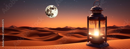 Muslim luminary at night in the desert moon. Generative AI, photo