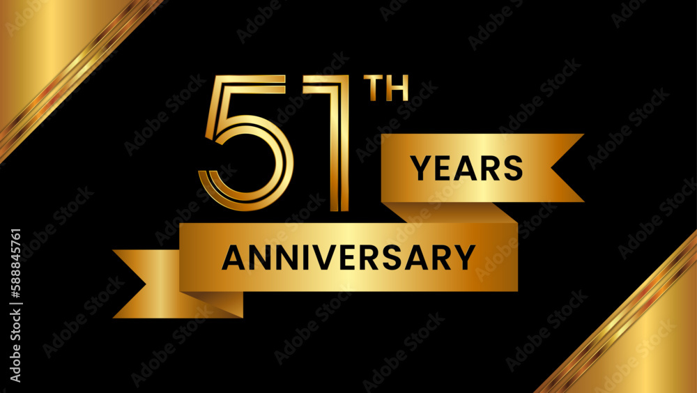 51th Anniversary. Anniversary template design with number and golden ribbon. Logo Vector Template