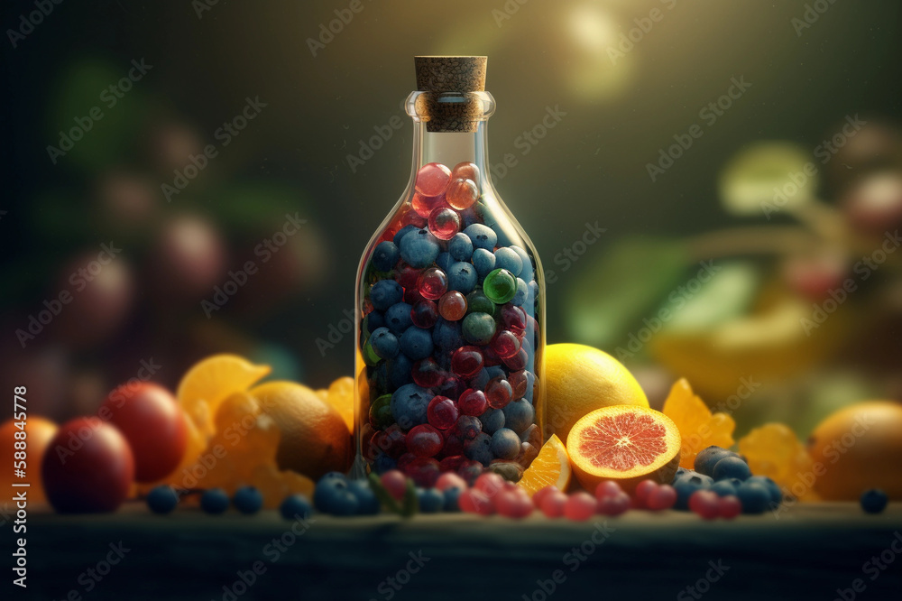 Bottle Illustration with liquid of Fruits. Tasty juice. Colorful Background. Created by generative AI Bottle Illustration with liquid of Fruits. Tasty juice. Colorful Background. Created by generative AI
