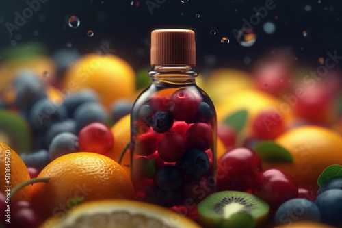Bottle Illustration with liquid of Fruits. Tasty juice. Colorful Background. Created by generative AI