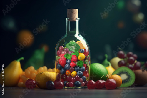 Bottle Illustration with liquid of Fruits. Tasty juice. Colorful Background. Created by generative AI