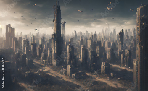 apocalypse city (fantastic atmosphere, masterpiece, best quality, full details, high quality, extremely detailed CG unity 8k wallpaper, scenery, outdoors, no humans, best view)