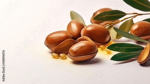 Argan oil nuts with plant. Cosmetics and natural oils background, Bright color. Generative Ai