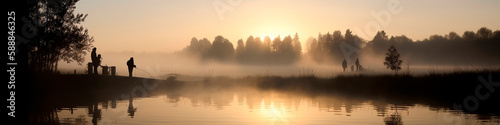 fishing lake fishing rod morning dawn. Generative Ai,