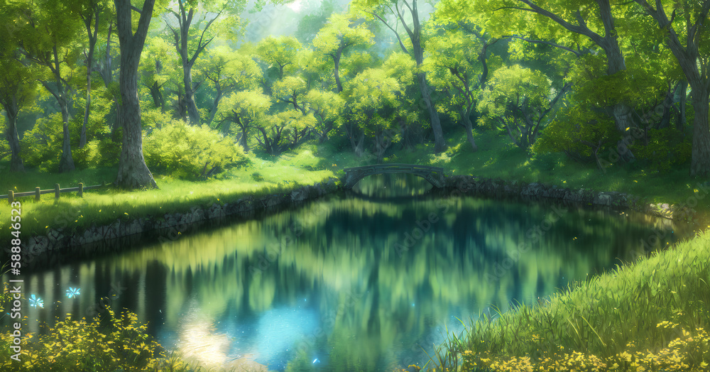 Fototapeta premium river in the forest (fantastic atmosphere, masterpiece, best quality, full details, high quality, extremely detailed CG unity 8k wallpaper, scenery, outdoors, no humans, best view)