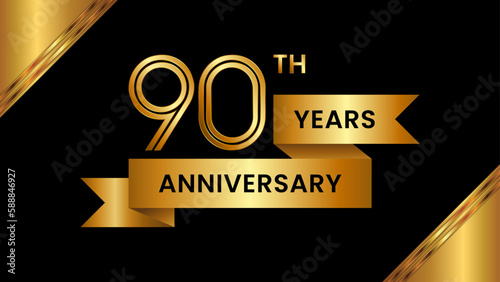 90th Anniversary. Anniversary template design with number and golden ribbon. Logo Vector Template photo