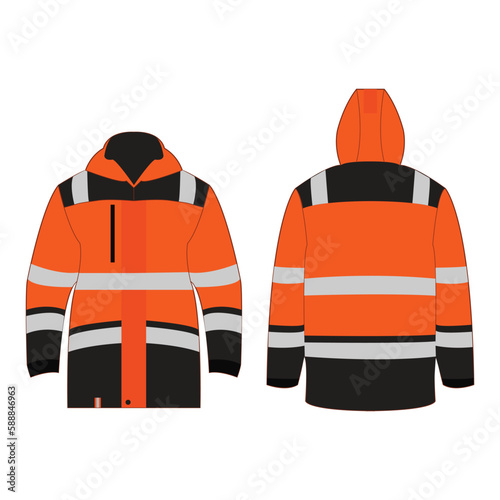 Orange high visibility outdoor workwear jacket isolated vector on the white background	