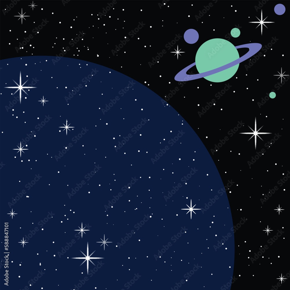 Naklejka premium Sky with stars and Saturn is on a dark background