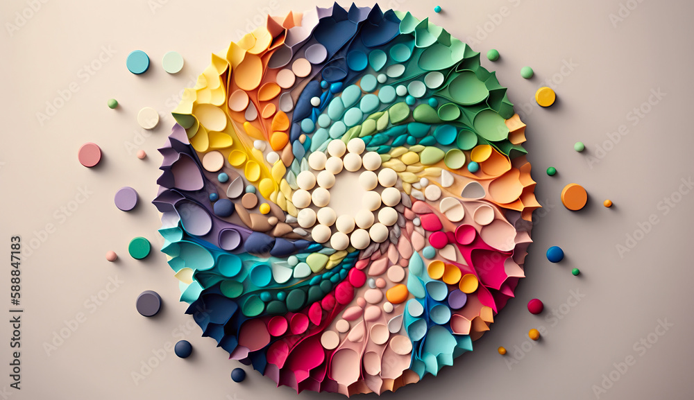 Pieces of colored plastic beautifully arranged in rainbow pattern, AI generative color wheel, illustration of eco-friendly environmental arts and crafts, upcycling. Pieces of colored plastic beautifully arranged in rainbow pattern, AI generative color wheel, illustration of eco-friendly environmental arts and crafts, upcycling.