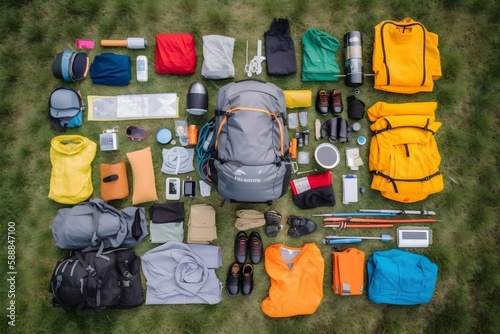 Knolling layout of backpack travel packing list for summer, colorful clothes and equipment distributed on the ground, knolling layout, birds eye perspective, Generative AI