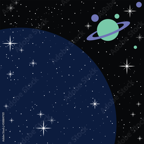 Sky with stars and Saturn is on a dark background
