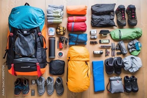 Knolling layout of backpack travel packing list for summer, colorful clothes and equipment distributed on the ground, knolling layout, birds eye perspective, wood floor, Generative AI