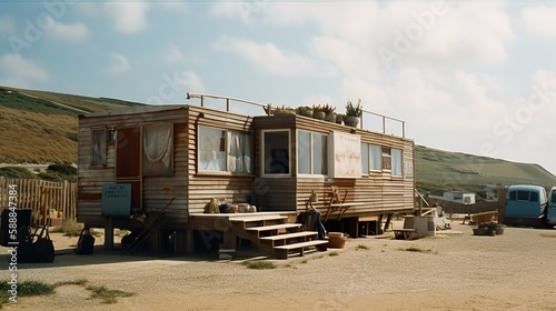 Tiny houses made out of used shipping containers with wooden external cladding, glamping, glamorous camping, AI generative © Friedbert