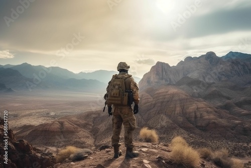 a soldier standing in the desert surrounded by mountains cinematic, Generative IA photo