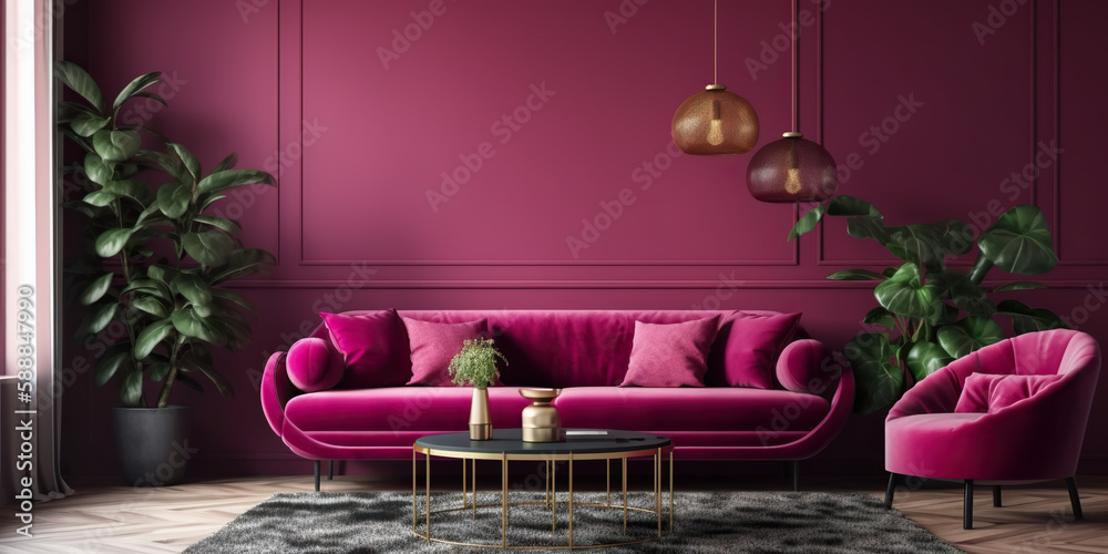 Modern contemporary magenta living room interior design Stock ...
