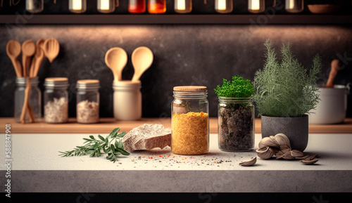 kitchen counter with cooking ingredients and herbs kitchen soft focus copy space. Generative AI,
